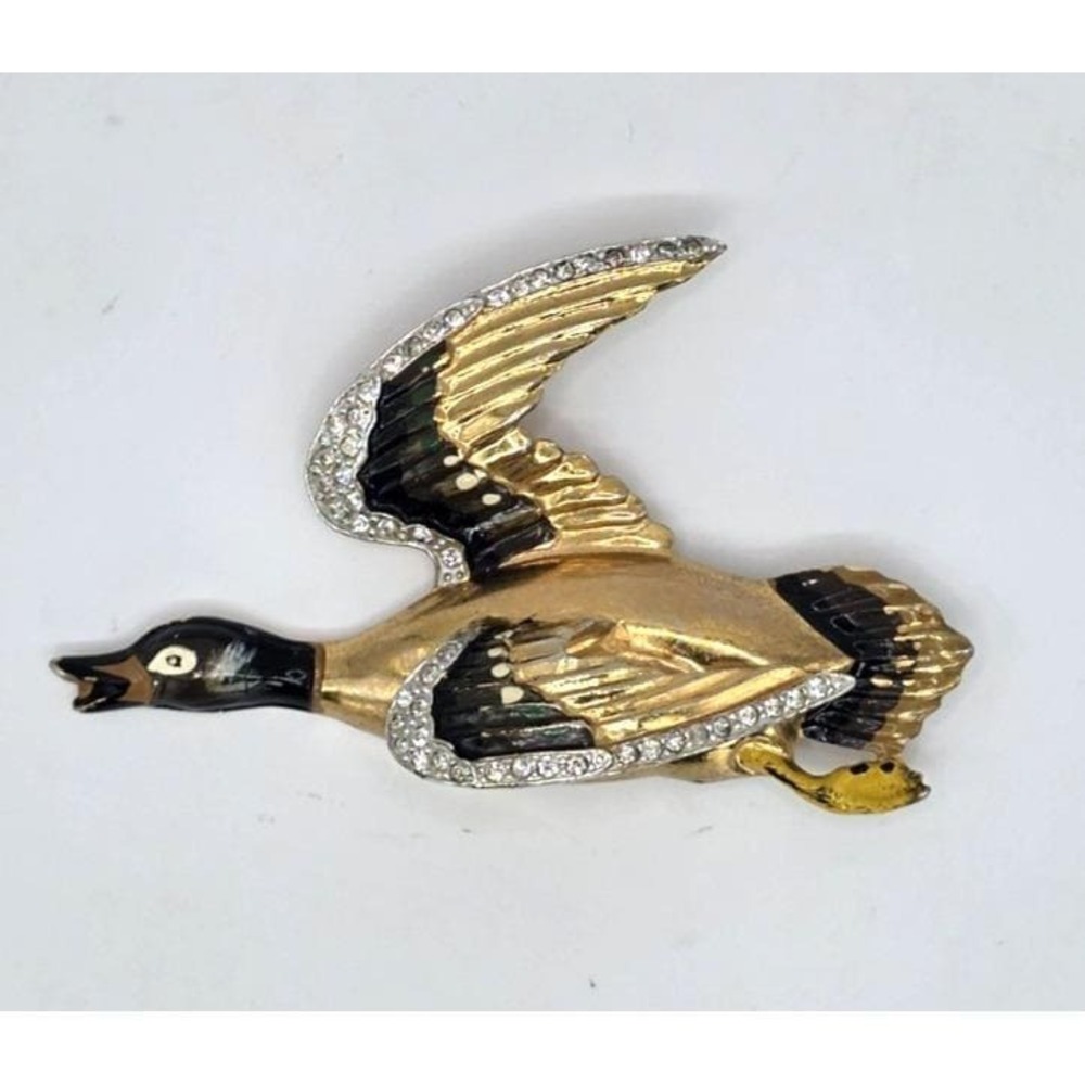 Flying Goose Duck Brooch Vtg MCM Gold Tone Black Enamel‎ 3 5/8" L Unsigned Coro?